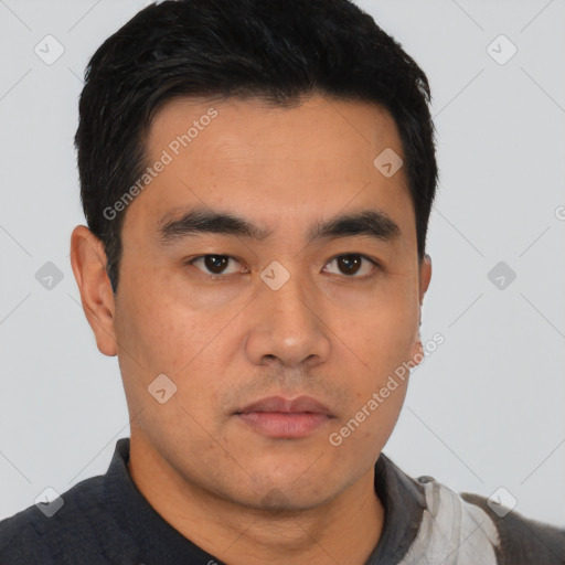 Neutral asian young-adult male with short  black hair and brown eyes