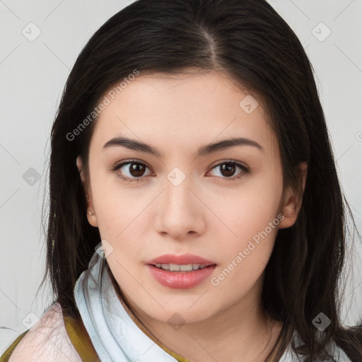 Neutral white young-adult female with long  brown hair and brown eyes