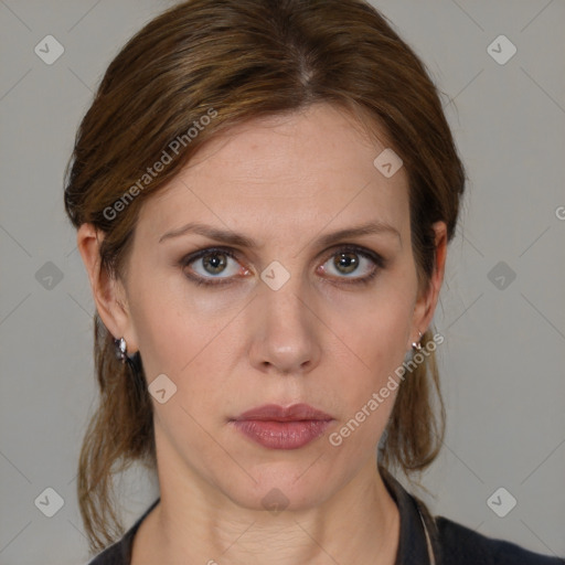 Neutral white young-adult female with medium  brown hair and grey eyes