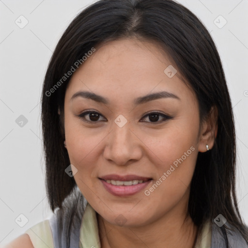 Joyful asian young-adult female with long  brown hair and brown eyes