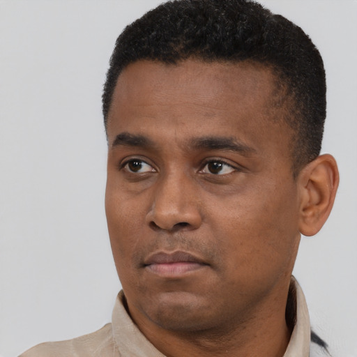 Neutral black young-adult male with short  black hair and brown eyes