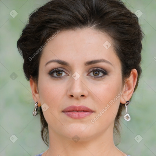 Joyful white young-adult female with medium  brown hair and green eyes