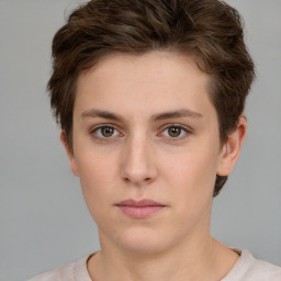 Neutral white young-adult female with short  brown hair and brown eyes