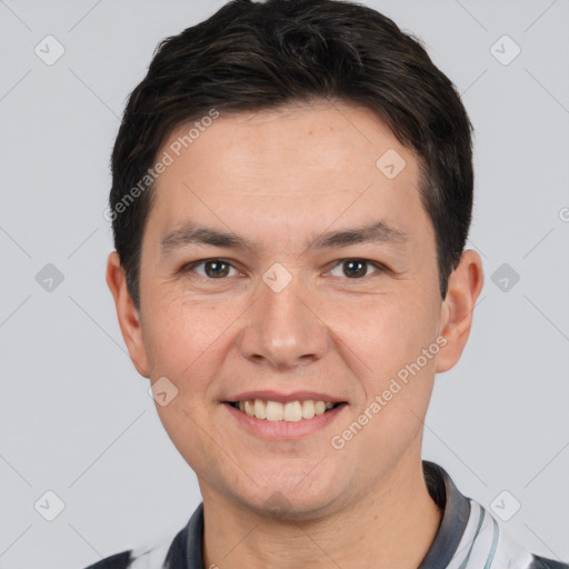 Joyful white young-adult male with short  brown hair and brown eyes