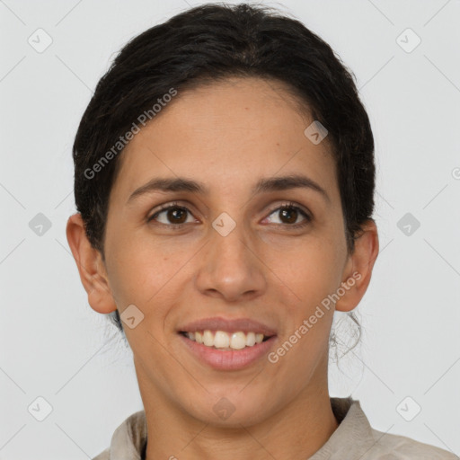 Joyful white young-adult female with short  brown hair and brown eyes