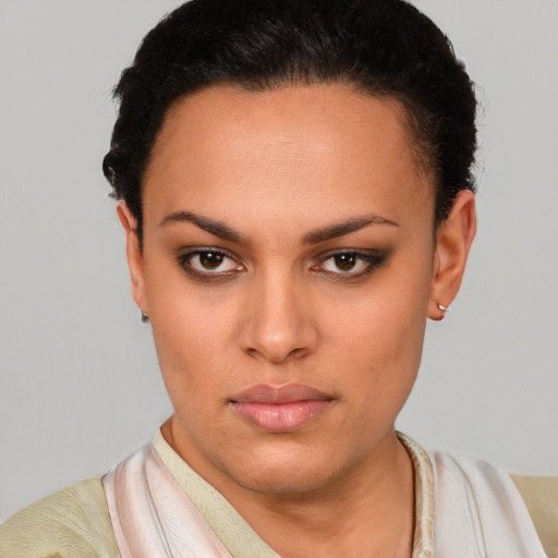 Neutral latino young-adult female with short  brown hair and brown eyes