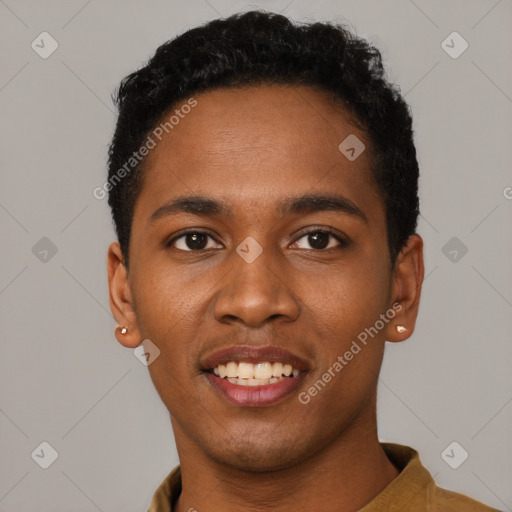 Joyful black young-adult male with short  black hair and brown eyes