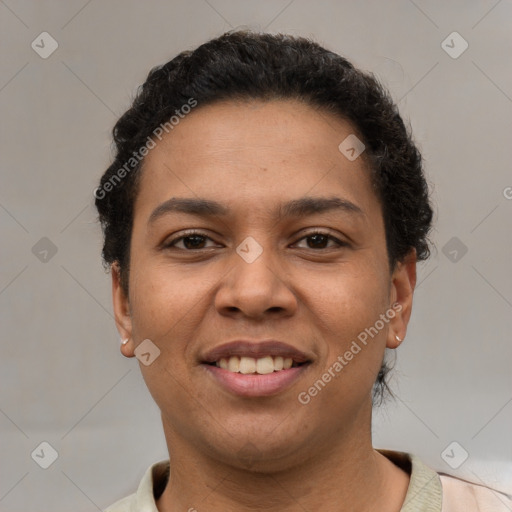 Joyful latino young-adult female with short  brown hair and brown eyes