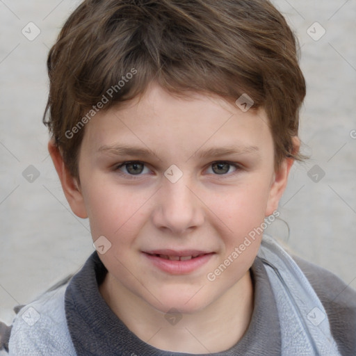 Joyful white child female with short  brown hair and blue eyes