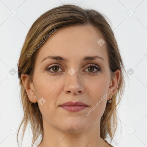 Joyful white young-adult female with medium  brown hair and grey eyes