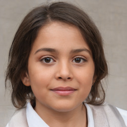 Joyful white child female with medium  brown hair and brown eyes