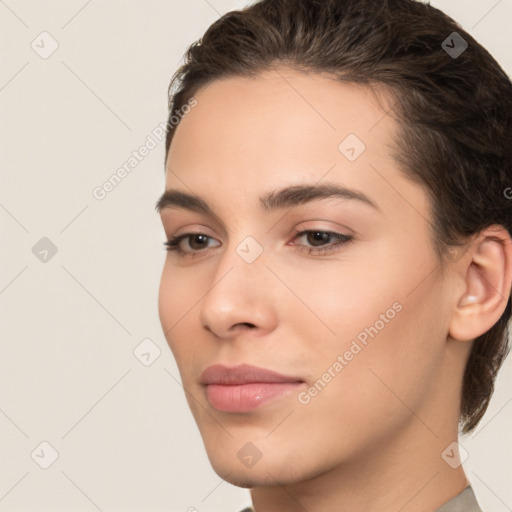 Neutral white young-adult female with medium  brown hair and brown eyes