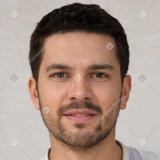 Neutral white young-adult male with short  brown hair and brown eyes