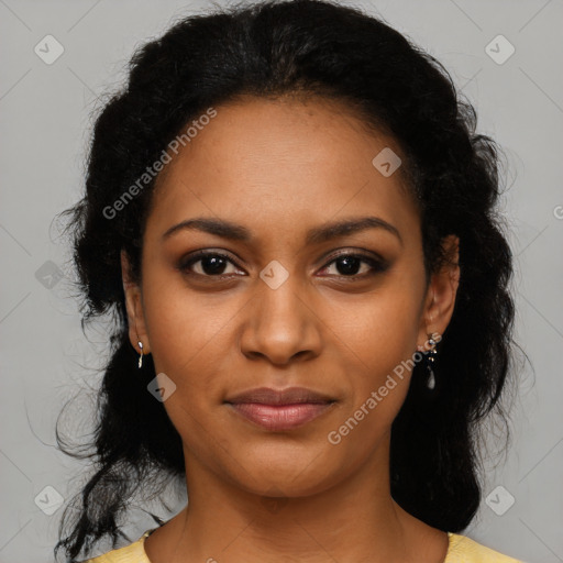 Joyful black young-adult female with medium  black hair and brown eyes