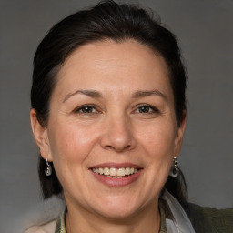 Joyful white adult female with medium  brown hair and brown eyes