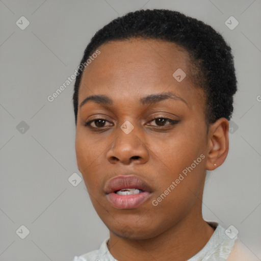 Neutral black young-adult female with short  black hair and brown eyes