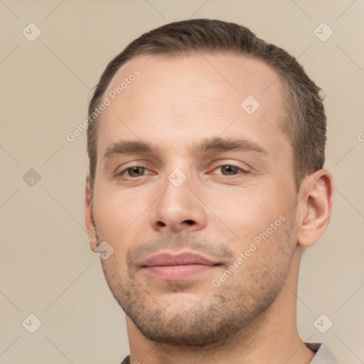 Neutral white young-adult male with short  brown hair and brown eyes