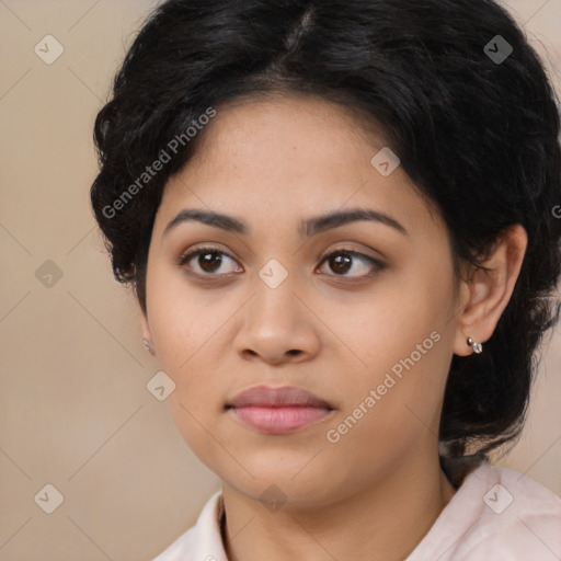 Joyful latino young-adult female with medium  black hair and brown eyes