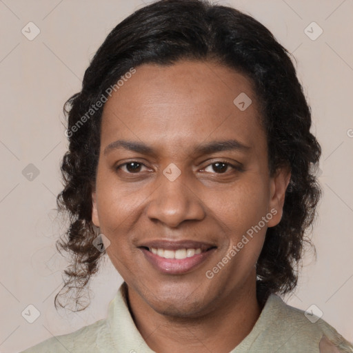 Joyful black young-adult female with medium  brown hair and brown eyes