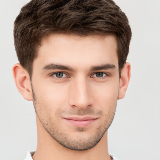 Neutral white young-adult male with short  brown hair and brown eyes