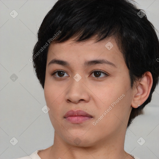 Neutral asian young-adult female with short  brown hair and brown eyes
