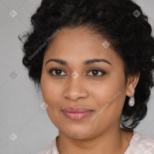 Joyful latino young-adult female with medium  black hair and brown eyes