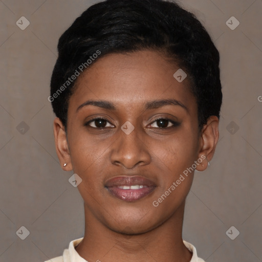 Joyful latino young-adult female with short  black hair and brown eyes