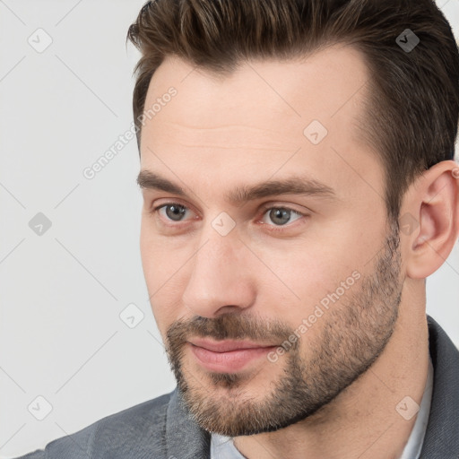 Neutral white young-adult male with short  brown hair and brown eyes