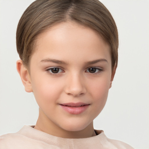 Joyful white child female with short  brown hair and brown eyes