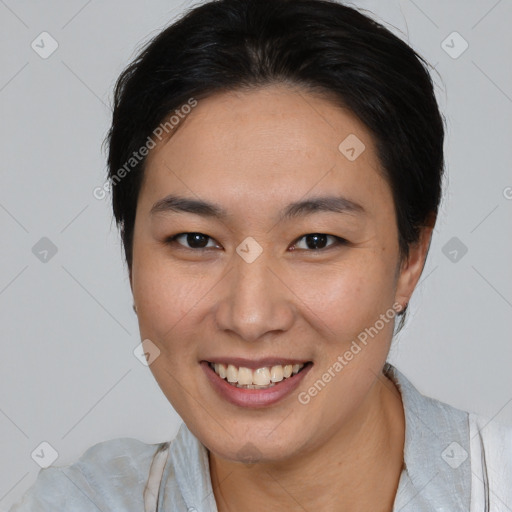 Joyful white young-adult female with medium  brown hair and brown eyes