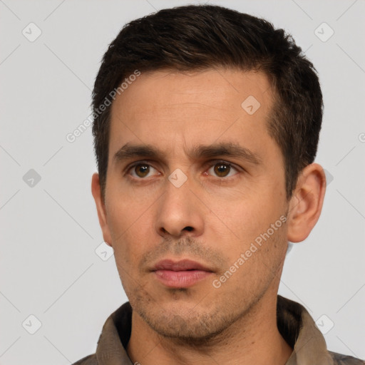 Neutral white adult male with short  brown hair and brown eyes