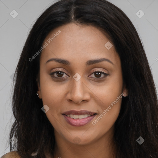 Joyful asian young-adult female with long  brown hair and brown eyes