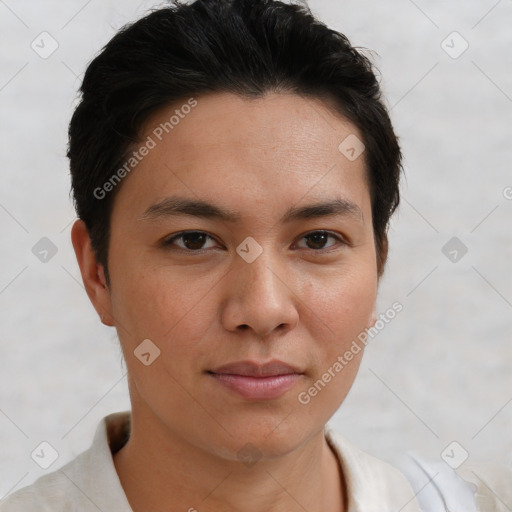 Joyful asian young-adult female with short  brown hair and brown eyes