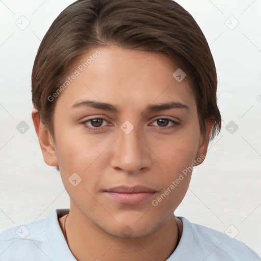 Neutral white young-adult female with short  brown hair and brown eyes