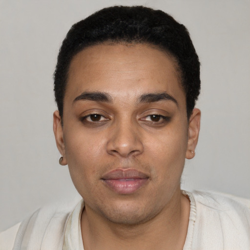 Neutral black young-adult female with short  black hair and brown eyes