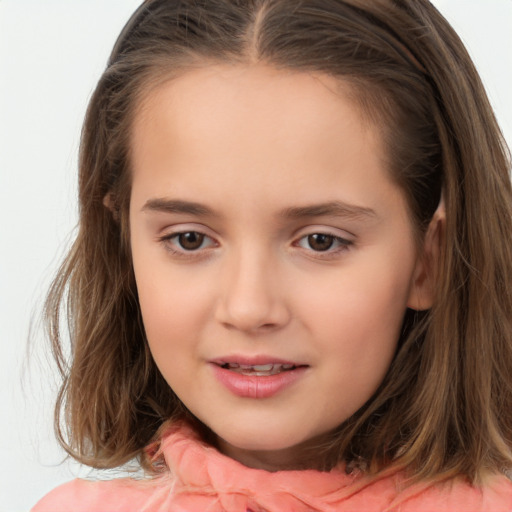 Joyful white child female with long  brown hair and brown eyes