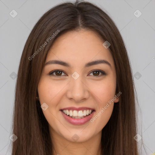 Joyful white young-adult female with long  brown hair and brown eyes