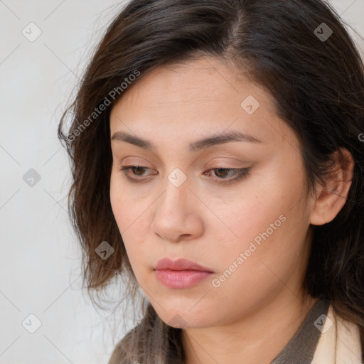 Neutral white young-adult female with long  brown hair and brown eyes