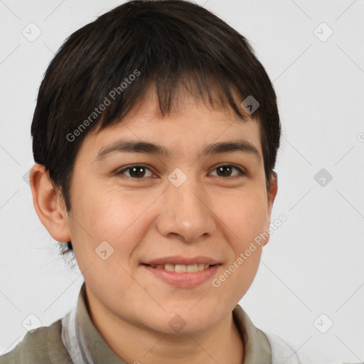 Joyful white young-adult female with short  brown hair and brown eyes