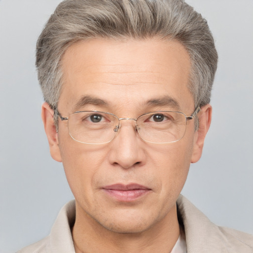 Neutral white middle-aged male with short  gray hair and brown eyes