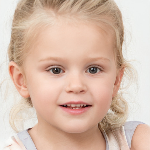 Joyful white child female with medium  blond hair and blue eyes