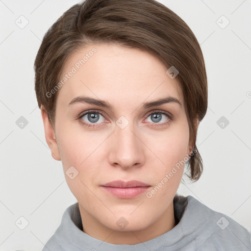 Neutral white young-adult female with short  brown hair and grey eyes