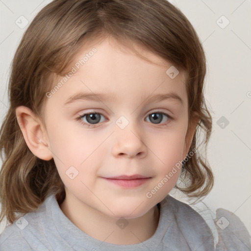 Neutral white child female with medium  brown hair and grey eyes