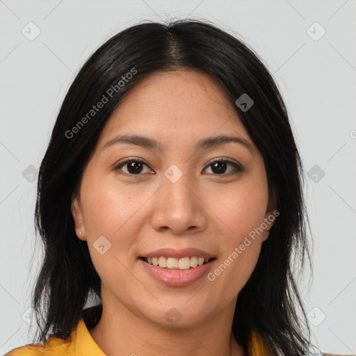 Joyful asian young-adult female with medium  brown hair and brown eyes