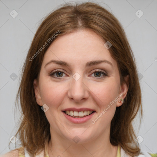 Joyful white young-adult female with medium  brown hair and green eyes