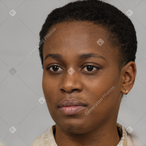 Neutral black young-adult female with short  black hair and brown eyes