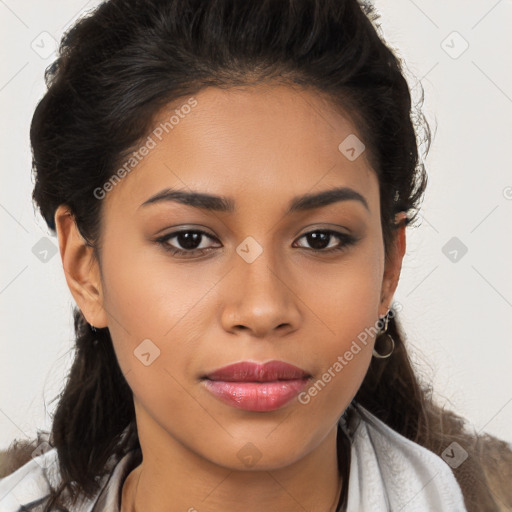 Joyful latino young-adult female with medium  brown hair and brown eyes