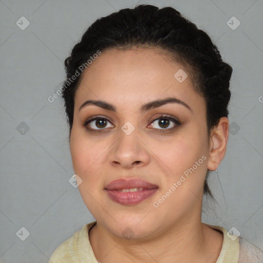 Joyful latino young-adult female with short  brown hair and brown eyes