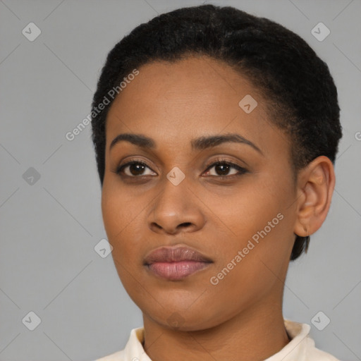 Joyful black young-adult female with short  black hair and brown eyes