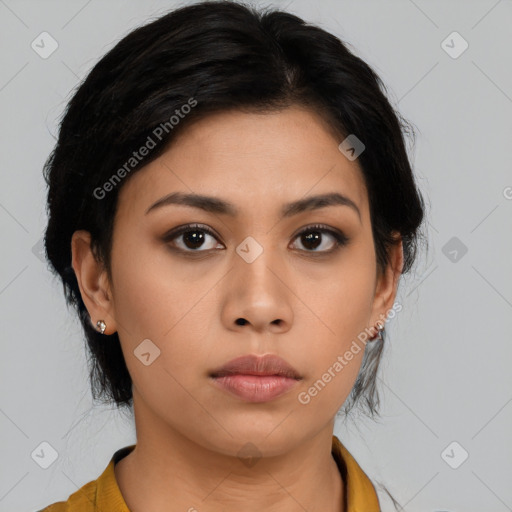 Neutral asian young-adult female with medium  black hair and brown eyes